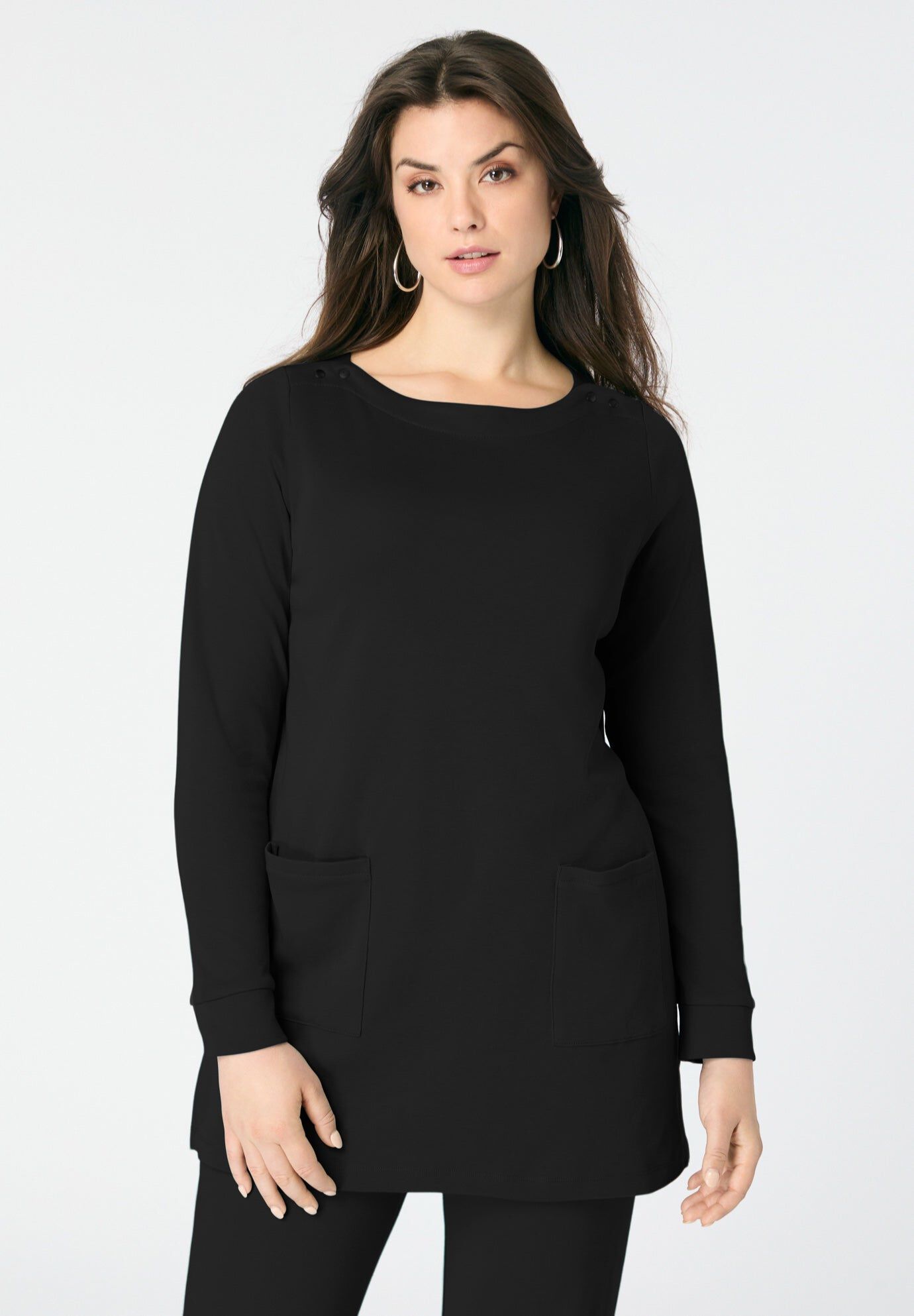 Snap Button Boatneck Soft Knit Tunic, BLACK, hi-res image number 0