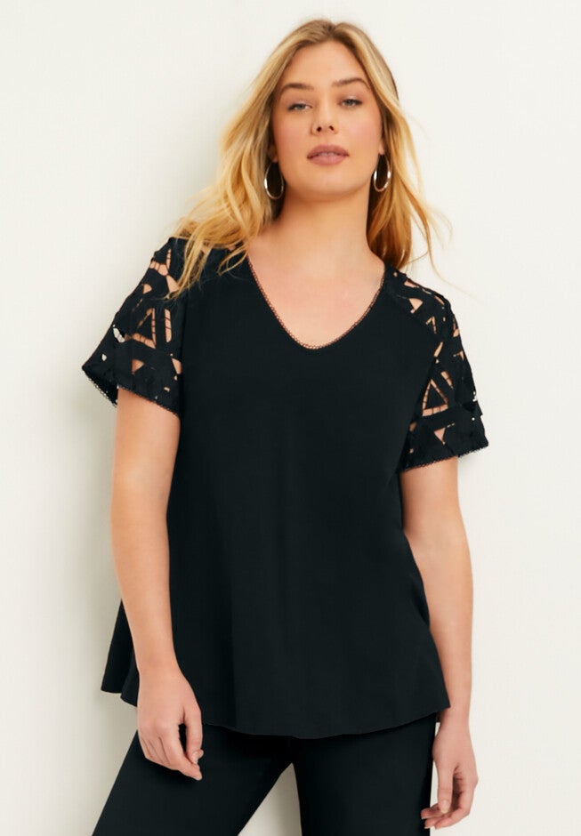 Crochet-Sleeve V-Neck One + Only Tee, , alternate image number null