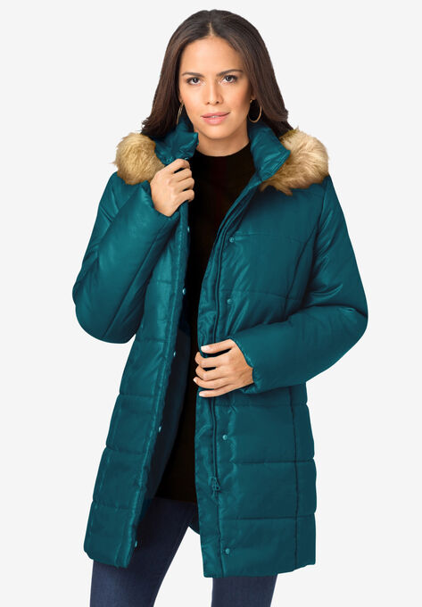 Classic-Length Puffer Jacket with Hood, DEEP FLORAL, hi-res image number null