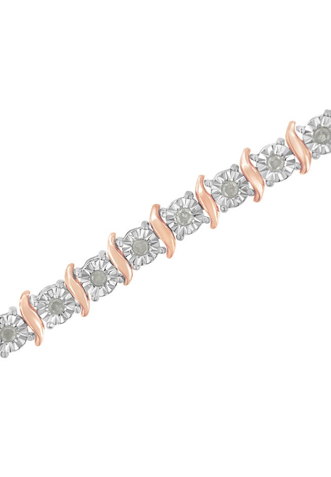 Two Tone Rose Gold Over Sterling Silver Diamond Scurve Link Miracleset Tennis Bracelet 7 inches, , alternate image number null