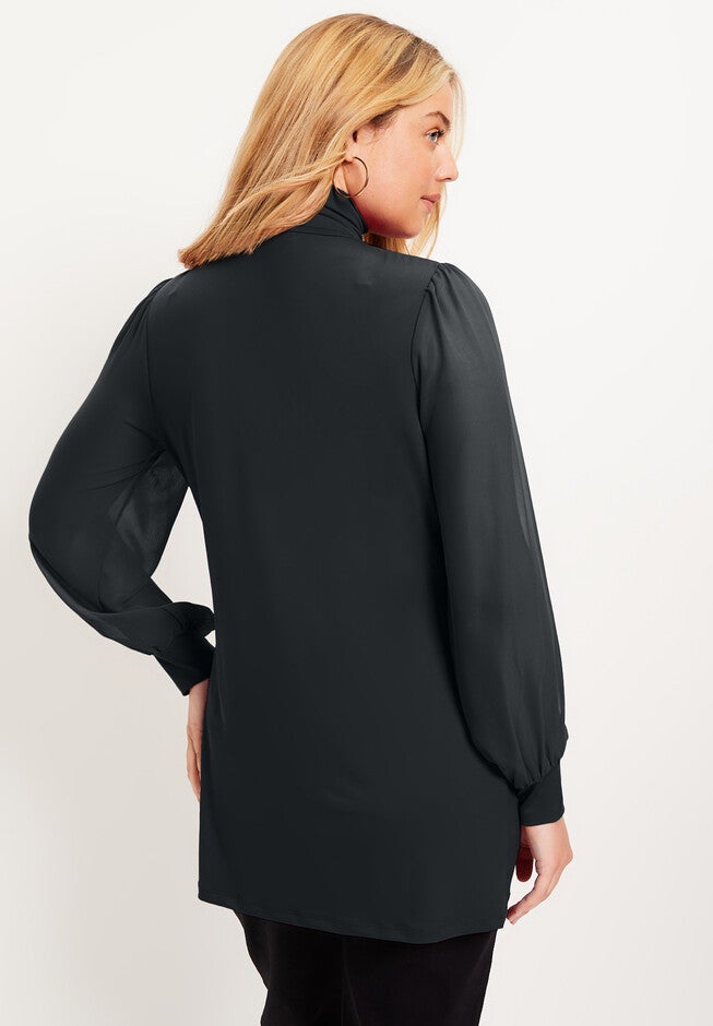 Sheer-Sleeve Mockneck Top, , on-hover image number 1