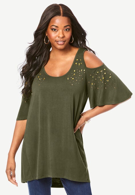 Cold-Shoulder Ultra Femme Tunic, DARK OLIVE GREEN RHINESTONE, hi-res image number null