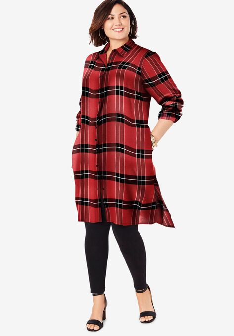 Button-Front Ultra Tunic, RED BLACK TARTAN, hi-res image number null