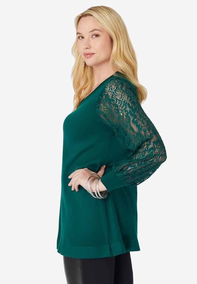 Lace Sleeve V Neck Sweater, , alternate image number 2