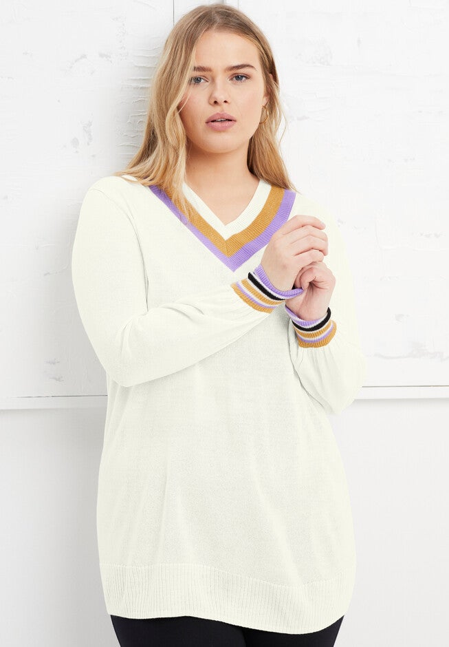 Metallic-Trim V-Neck Sweater, IVORY, hi-res image number 0