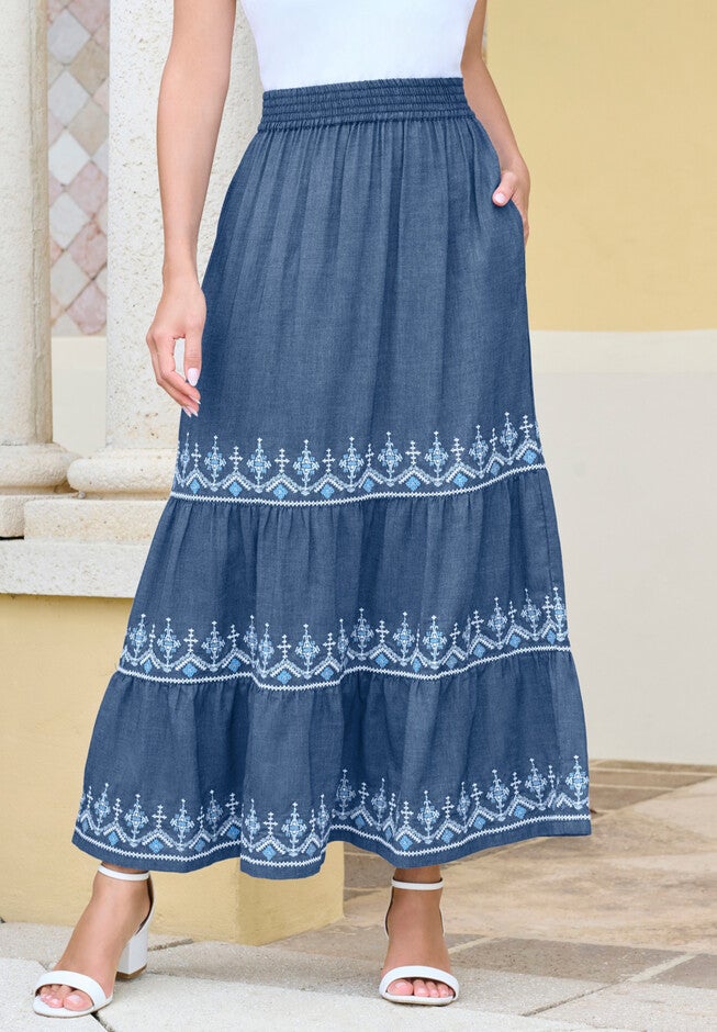 Embroidered Tiered Chambray Skirt, , alternate image number null
