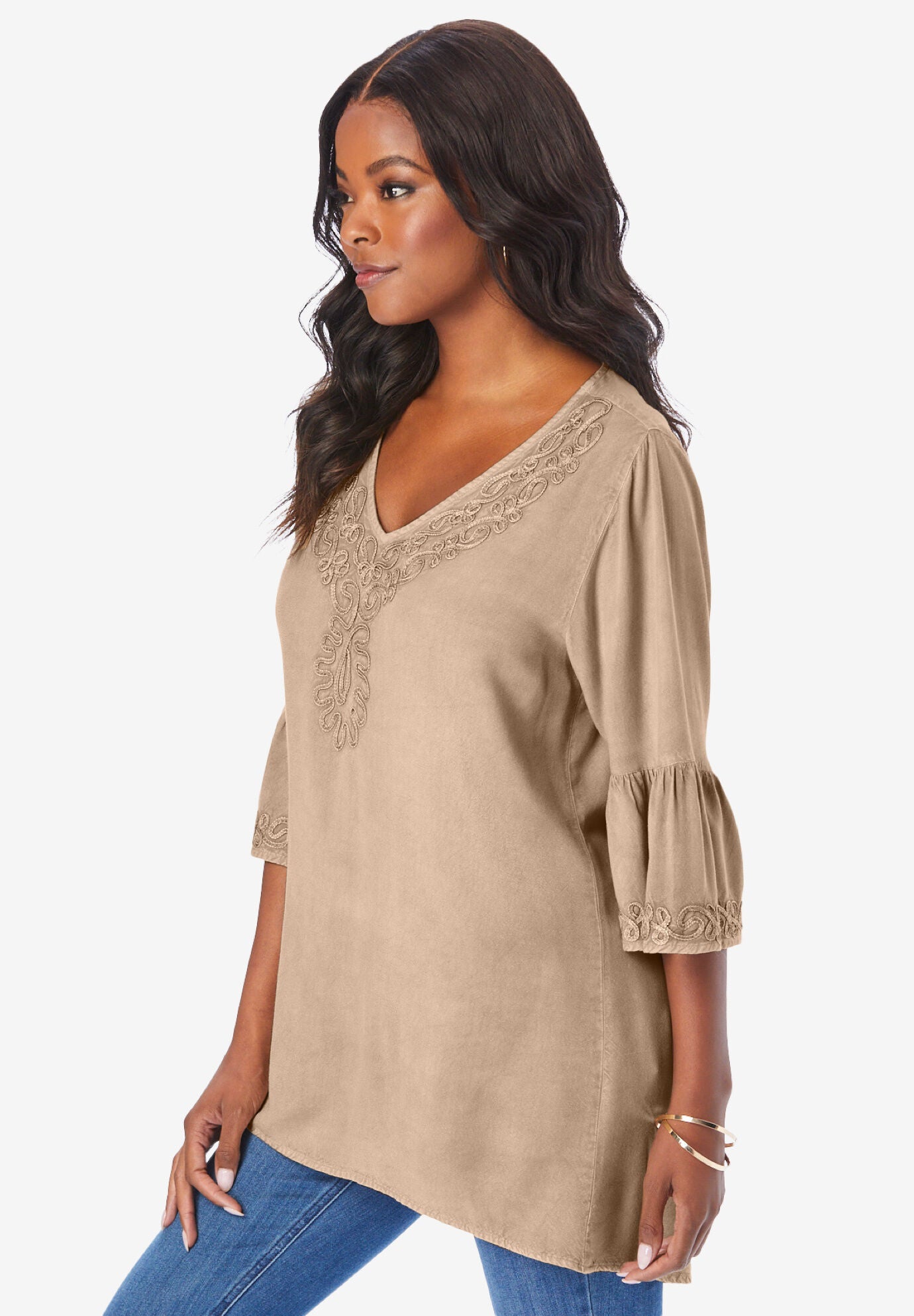 Embroidered Ruffle-Trimmed Acid Wash Tunic, , alternate image number 2