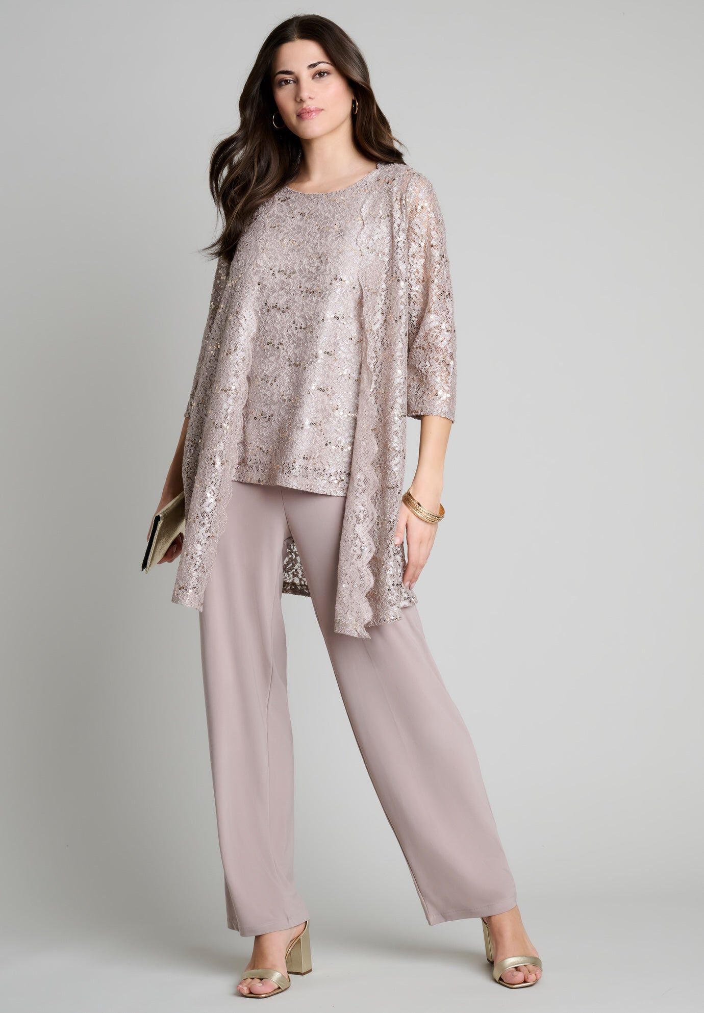 Plus-Size 3 Piece 3/4 Sleeve Foil Lace Duster Pant Set, SPARKLING CHAMPAGNE, hi-res image number 0