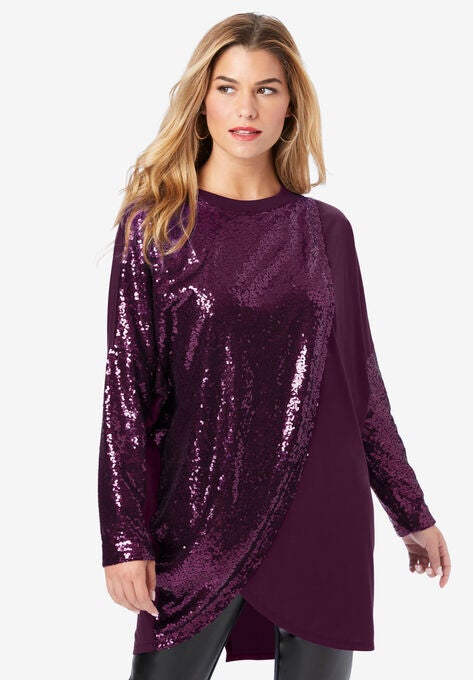 Sequin Paneled Overlay Top, GRAPE, hi-res image number null