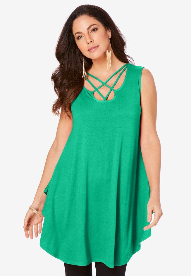 Sleeveless Crisscross Ultra Femme Tunic, TROPICAL EMERALD, hi-res image number 0