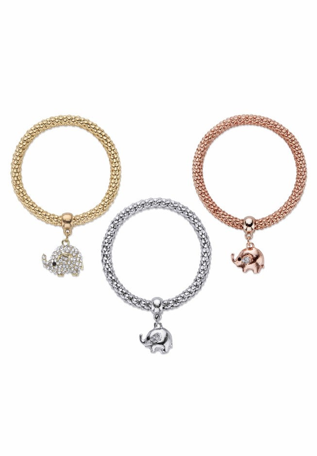Gold Tone Crystal Elephant 8.5 inches Charm Stretch Bracelet Set, , on-hover image number 1