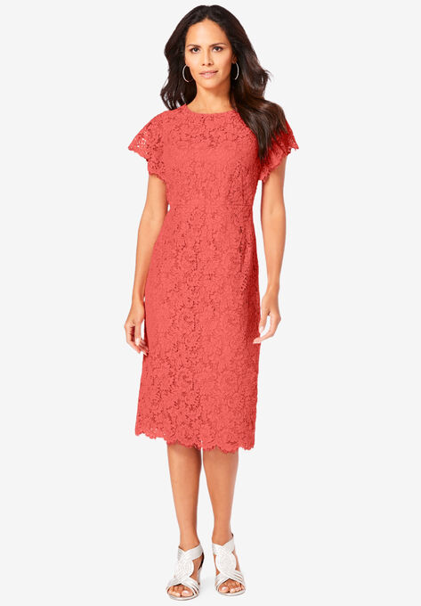 Lace Sheath Dress with Flutter Sleeves, SUNSET CORAL, hi-res image number null
