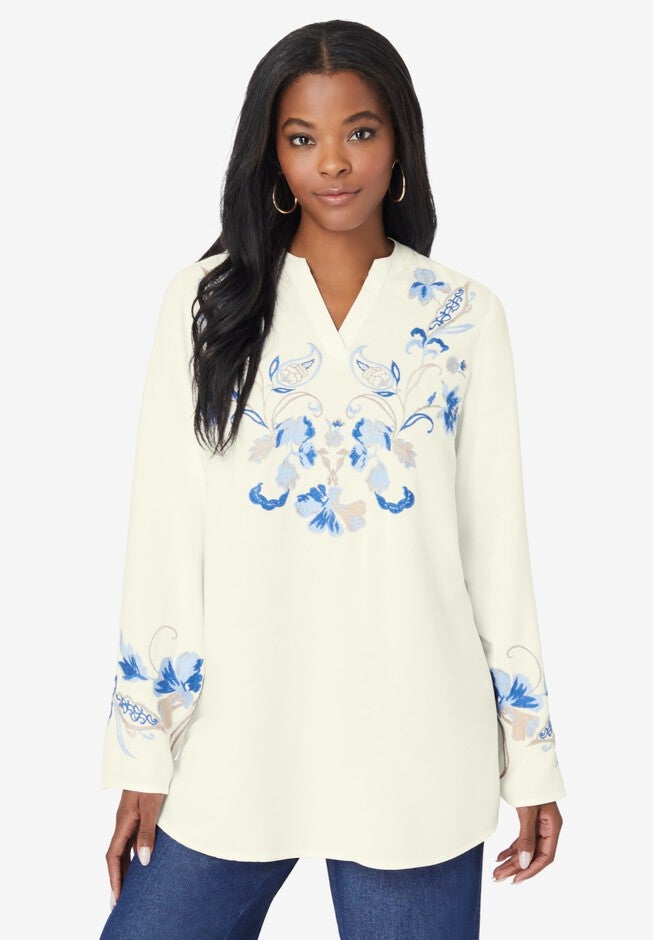 Notch-Neck Embroidered Blouse, IVORY PAISLEY EMBROIDERY, hi-res image number null