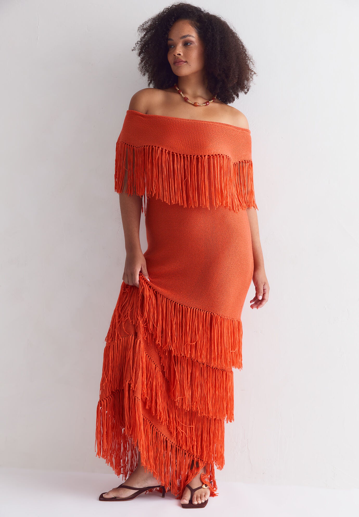 Off-Shoulder Fringe Sweater Dress, GINGER, alternate image number 4