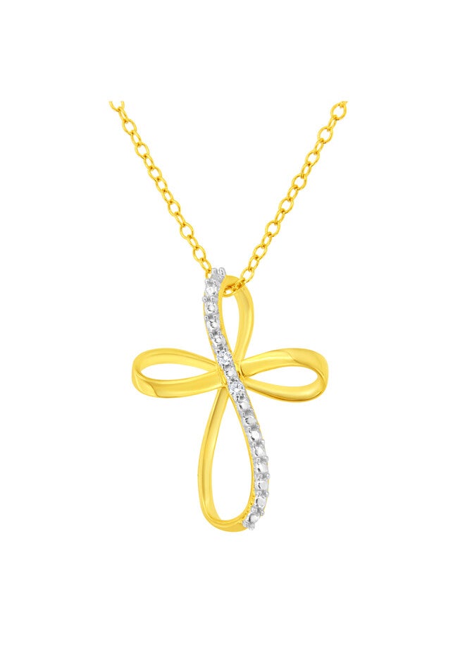 Yellow Gold Plated Sterling Silver Diamond Accent Cross Ribbon Pendant Necklace, YELLOW GOLD SILVER, hi-res image number 0