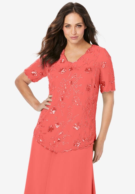 Embellished Sequin Top, SUNSET CORAL EMBELLISHED FLORAL, hi-res image number null