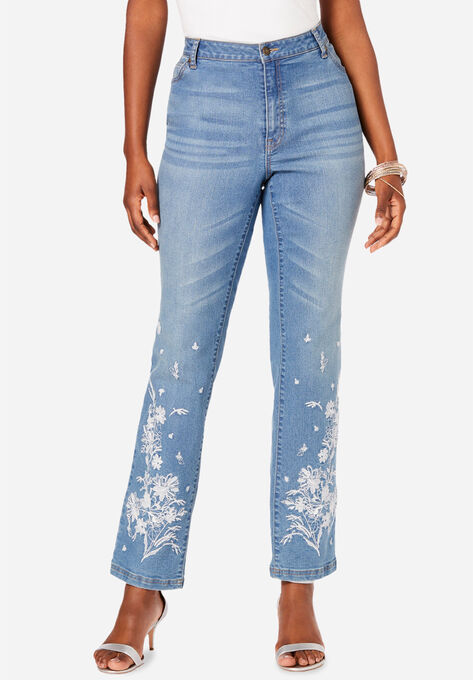 Floral Embroidered Straight-Leg Jean by Denim 24/7®| Plus Size Straight ...