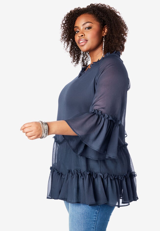 Tiered Ruffle Tunic with Bell Sleeves, , alternate image number 2