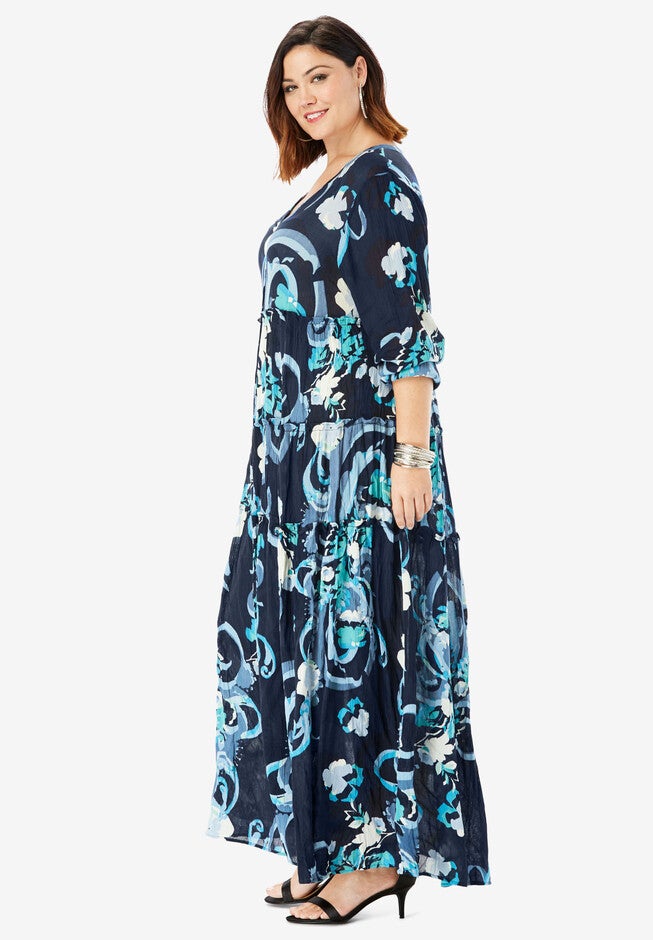 Tiered Crinkle Maxi Dress with Blouson Sleeves, , alternate image number null