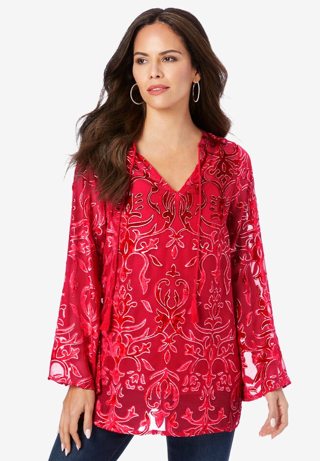 Embellished Burnout Tunic, VIVID RED, hi-res image number null
