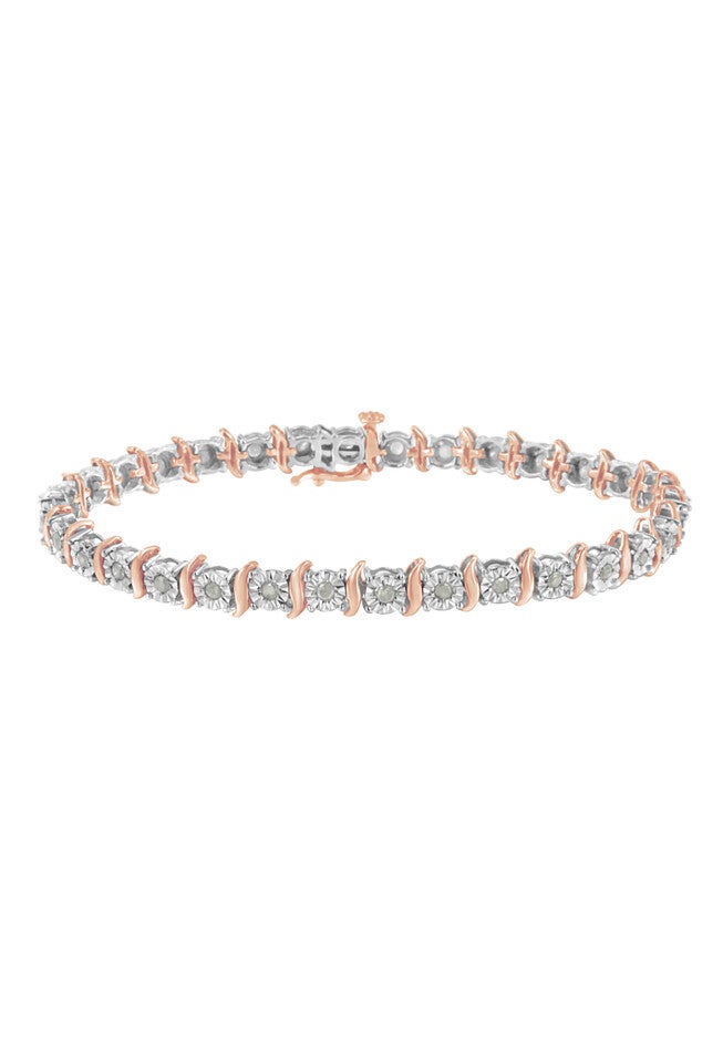 Two Tone Rose Gold Over Sterling Silver Diamond Scurve Link Miracleset Tennis Bracelet 7 inches, ROSE GOLD SILVER, hi-res image number null