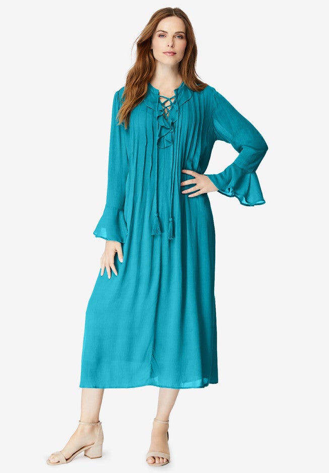 Ruffle Pintuck Crinkle Dress, DEEP TURQUOISE, hi-res image number 0