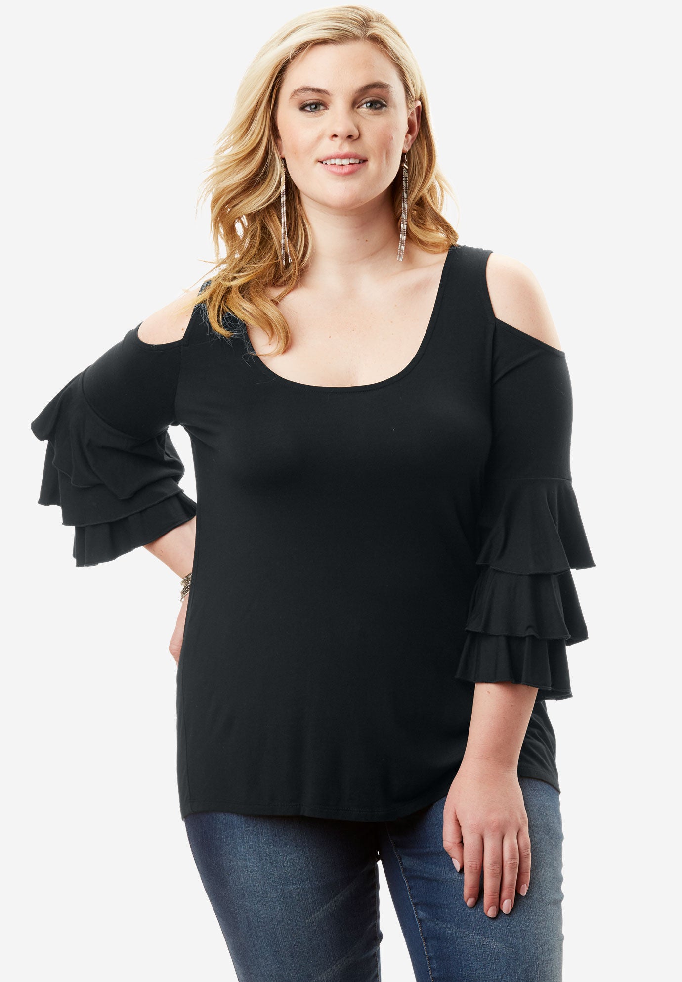 Cascading Ruffle Top, BLACK, hi-res image number 0