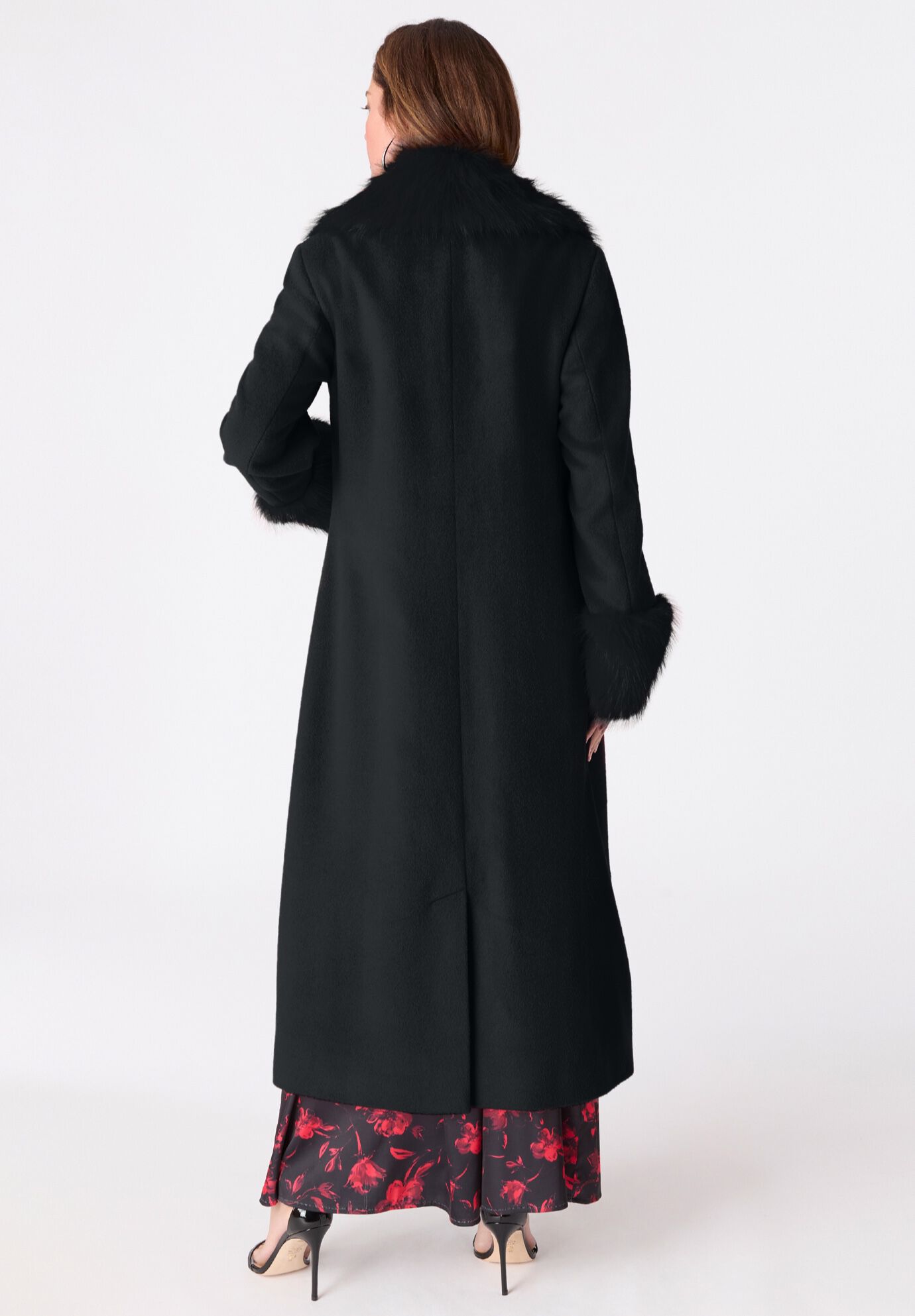 Plus Size Wool Blend Coat with Faux Fur Trim, BLACK, alternate image number 2