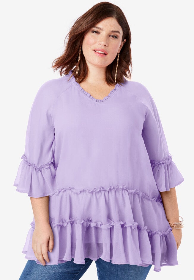 Tiered Ruffle Tunic with Bell Sleeves, BRIGHT LILAC, hi-res image number 0