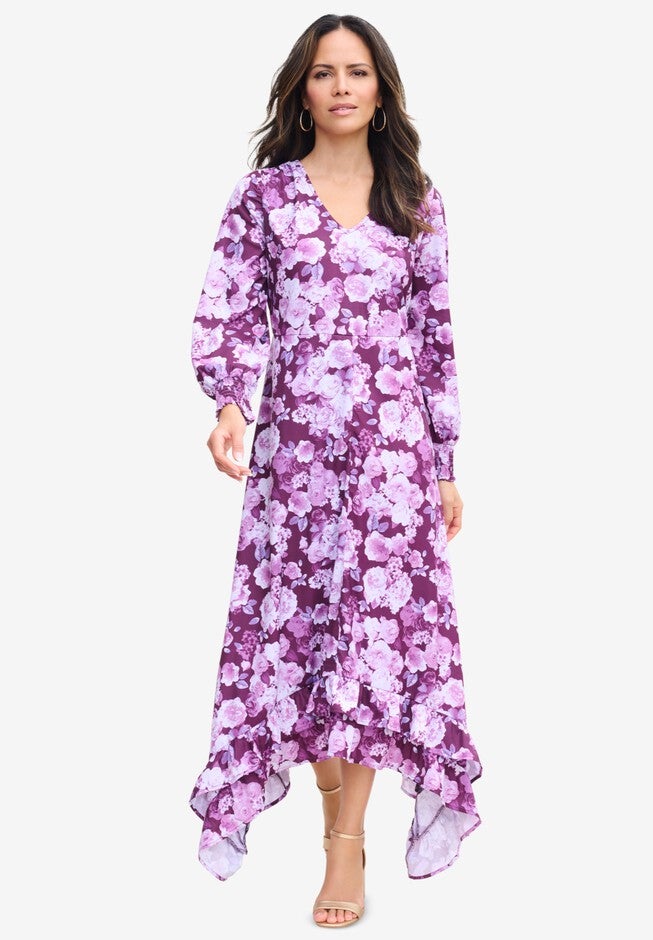 Blouson-Sleeve Ruffle Maxi Dress, DARK BERRY ROSE GARDEN, hi-res image number null