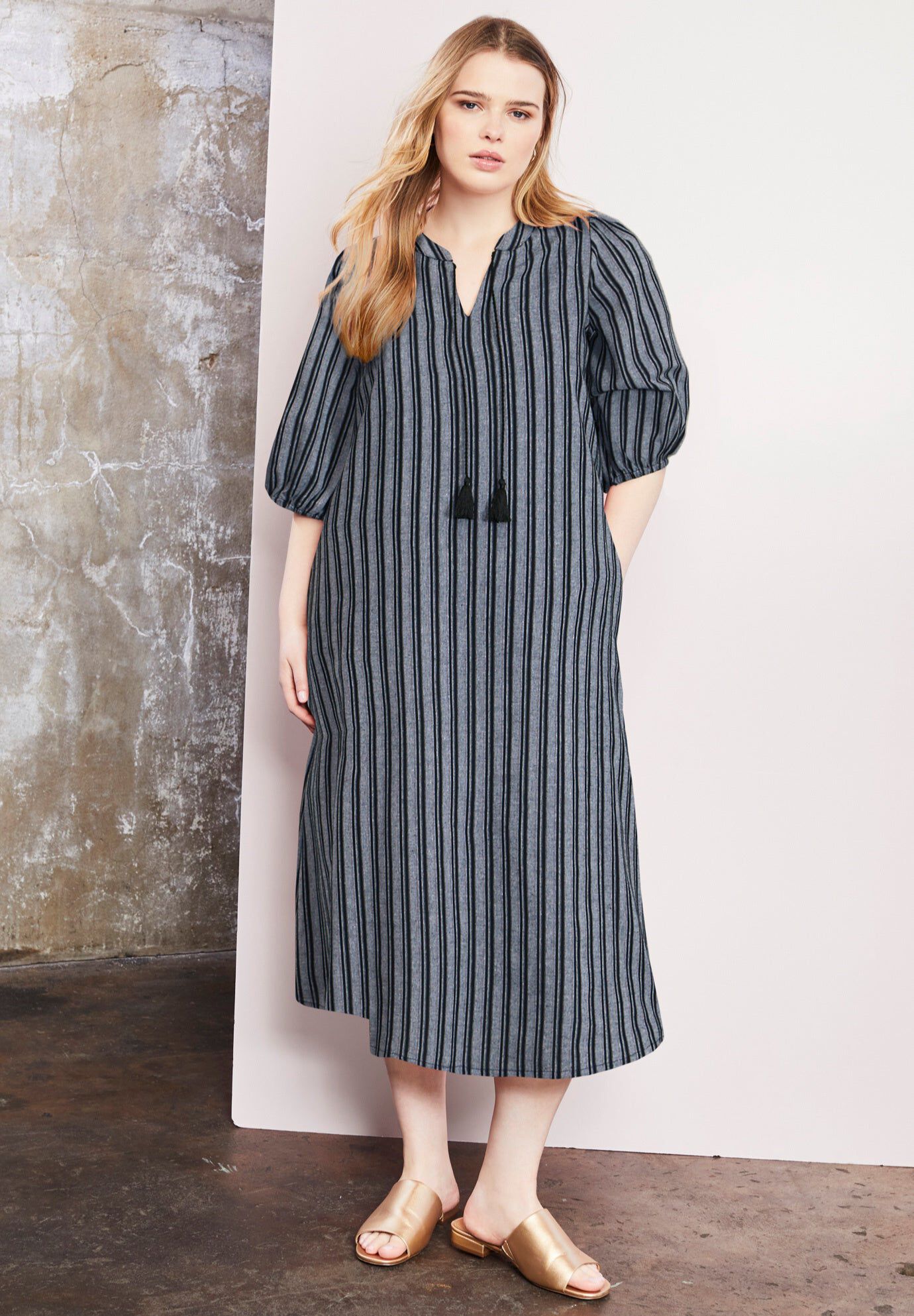 Halcion Lino Soleil Shirtdress, GREY VERTICAL STRIPE, hi-res image number 0