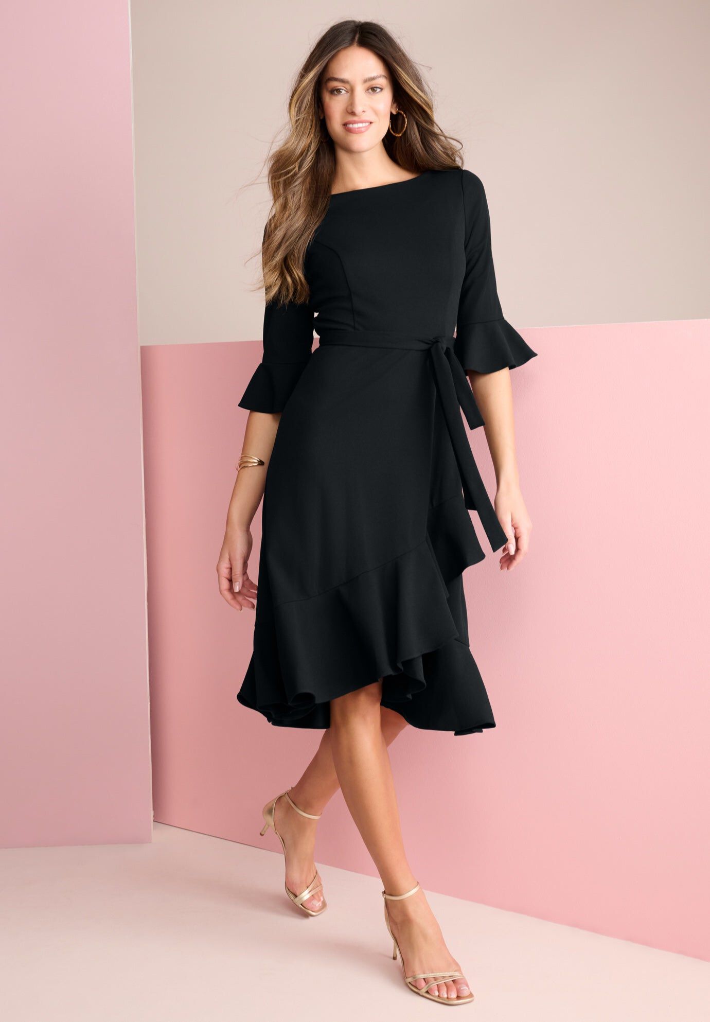 Ruffle Flare Wrap Dress, BLACK, hi-res image number 0
