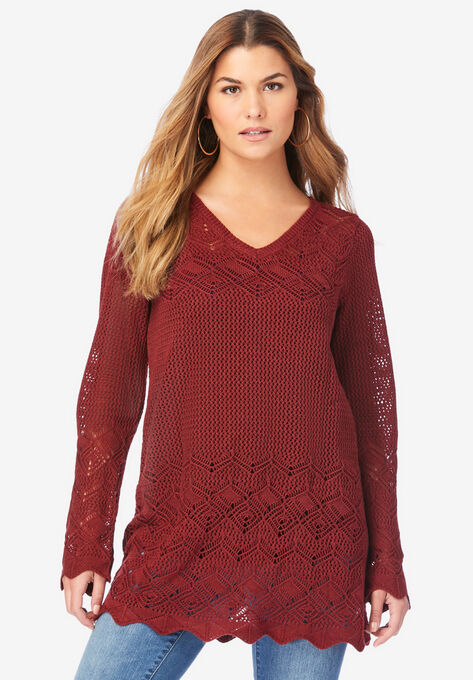 Pointelle Lace Sweater, RICH BURGUNDY, hi-res image number null