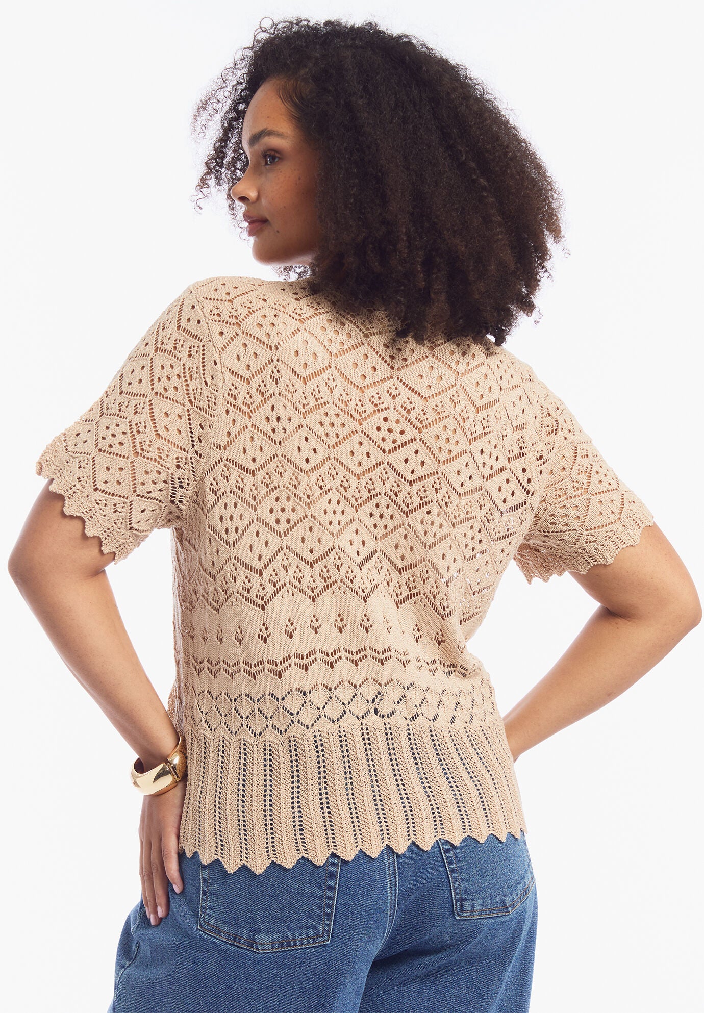 Short-Sleeve Pointelle Cardigan, APRICOT WASH, alternate image number 2