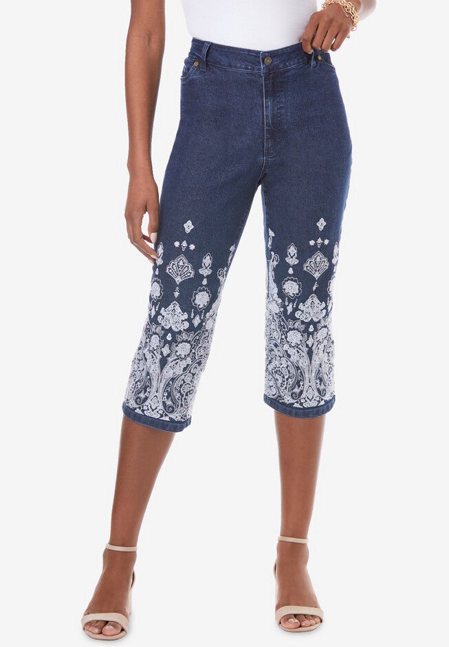 Geometric Embroidered Capri Jean, WHITE MIRRORED BORDER, hi-res image number 0