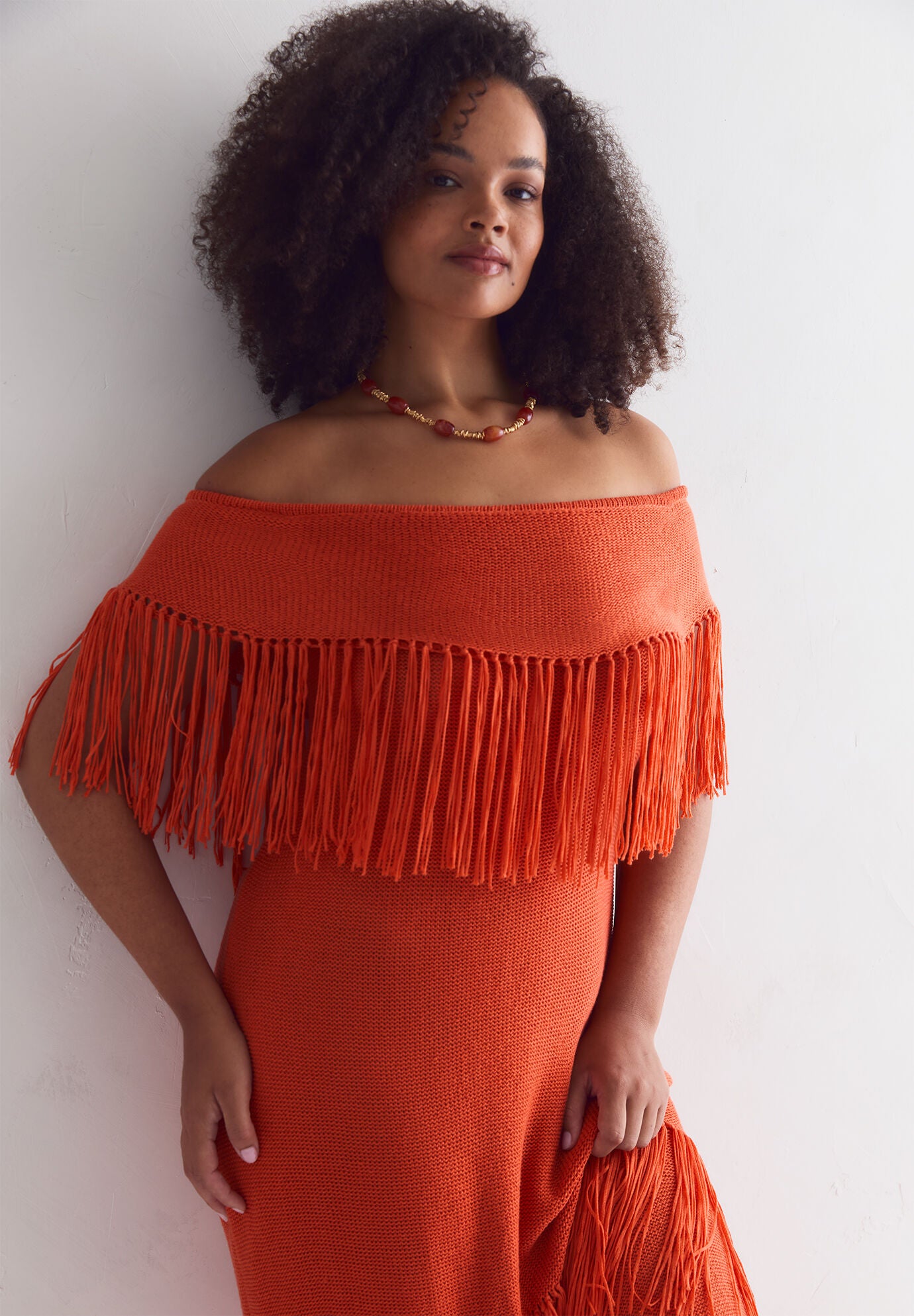 Off-Shoulder Fringe Sweater Dress, GINGER, alternate image number 5