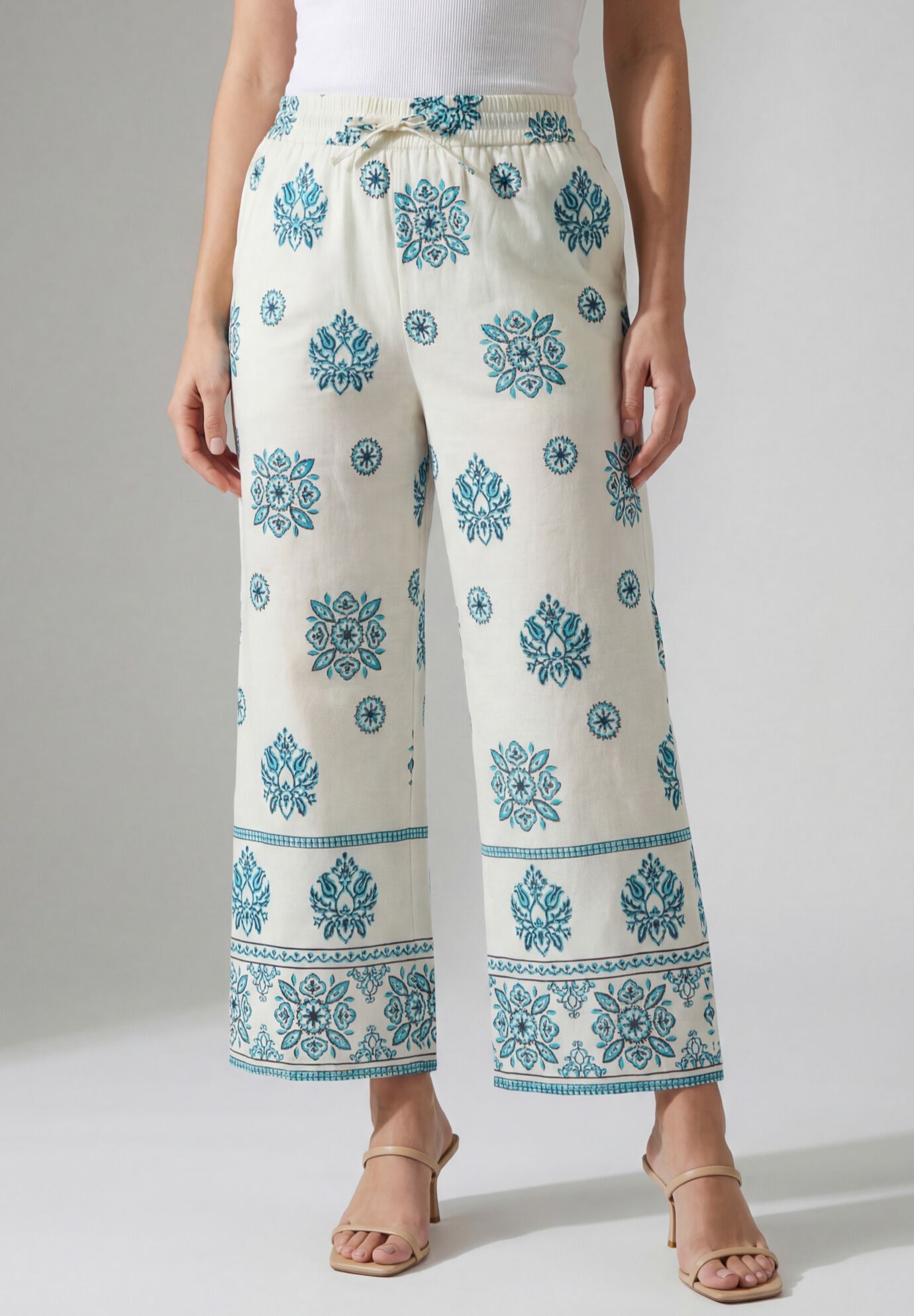 Plus Size Wide Leg Cotton Crop Pant, WHITE MULTI MEDALLION BORDER, on-hover image number 1