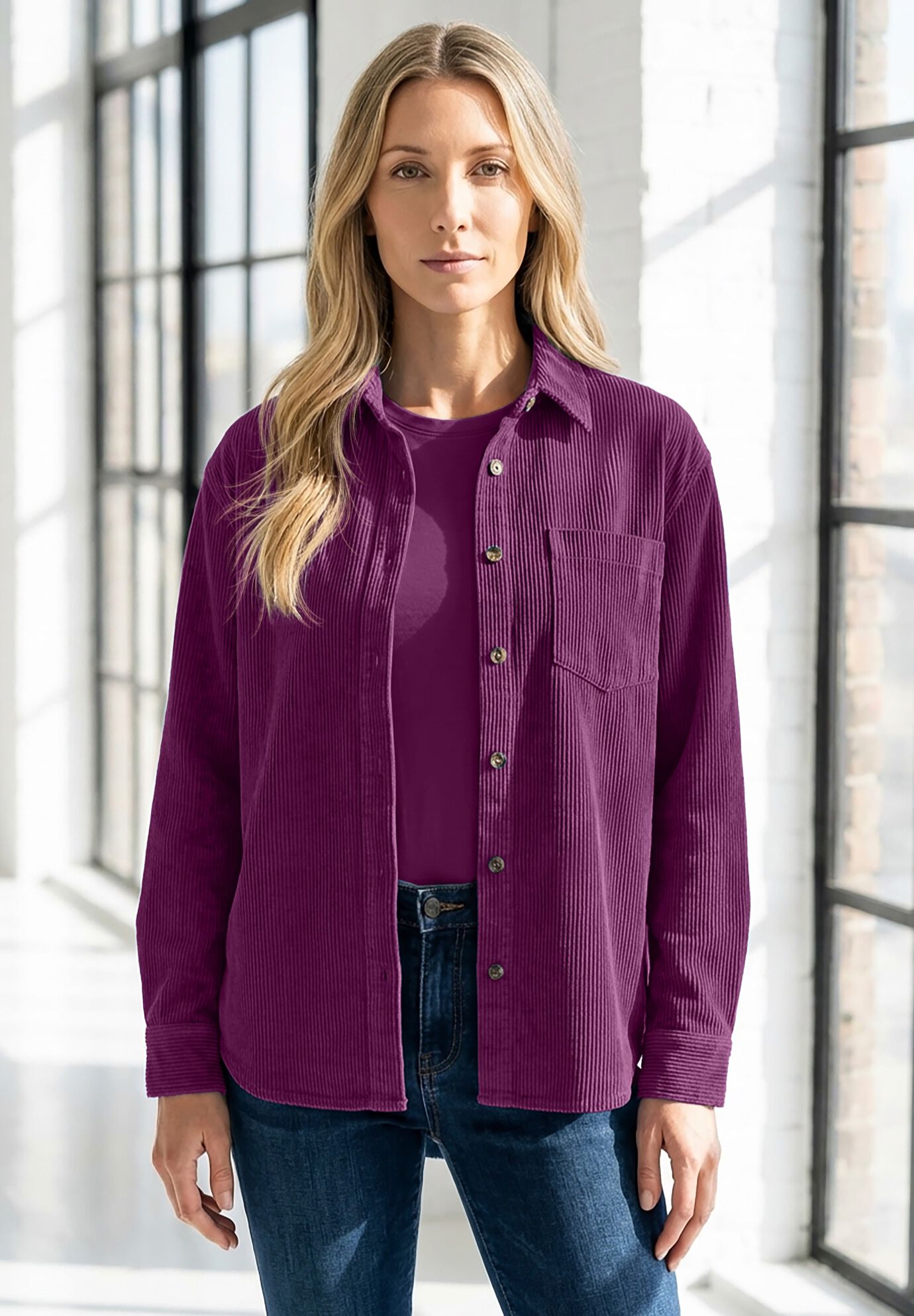 Corduroy Button-Front Shirt, DARK BERRY, hi-res image number 0