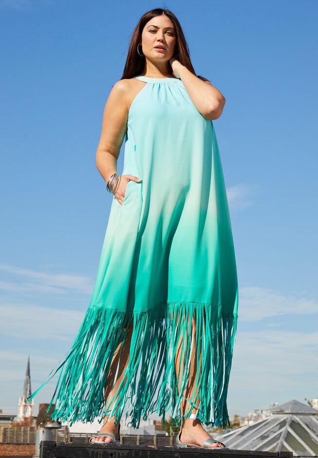 Fringe Hem Maxi Dress, AQUA GREEN OMBRE, hi-res image number 0