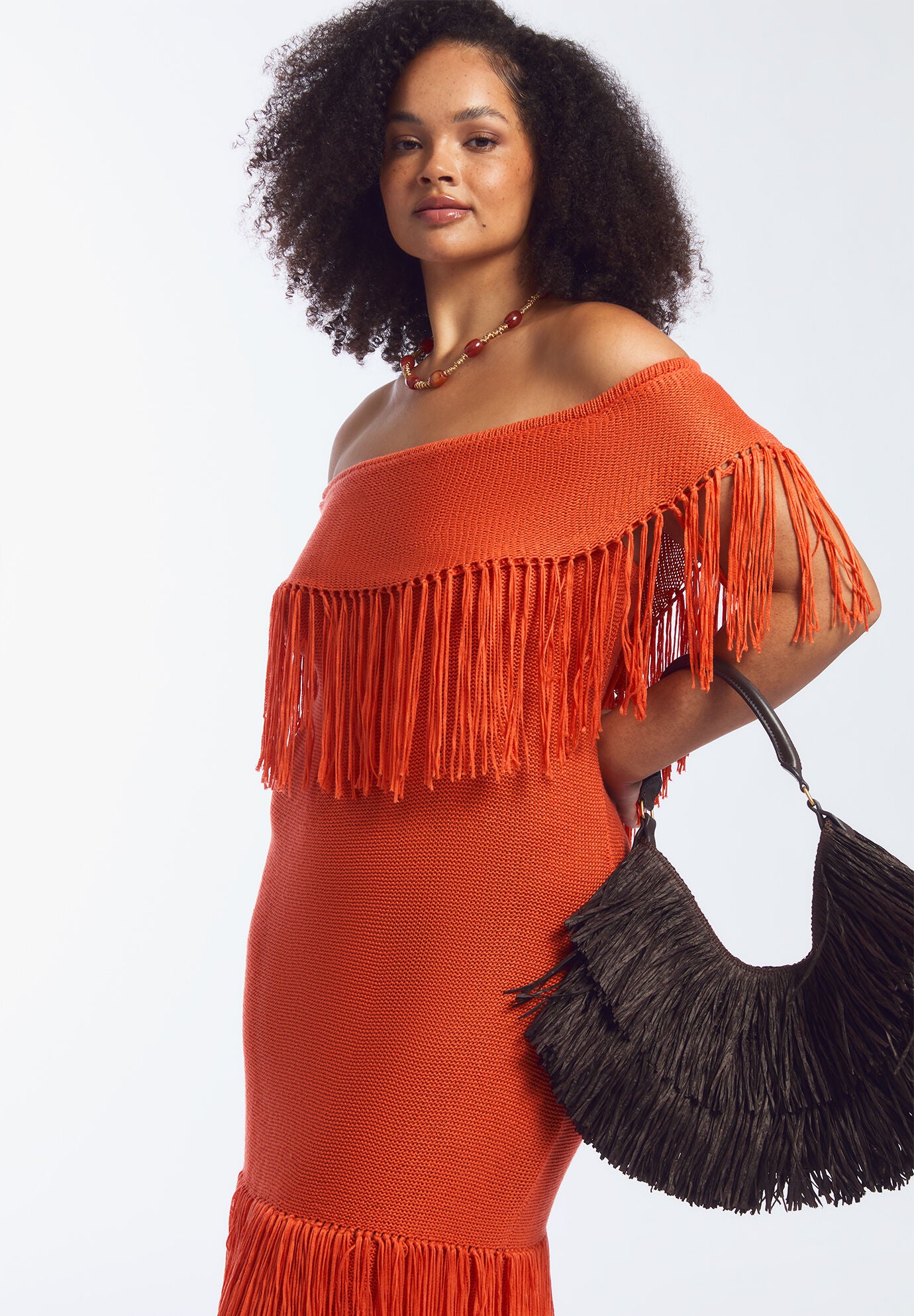 Off-Shoulder Fringe Sweater Dress, GINGER, alternate image number 6