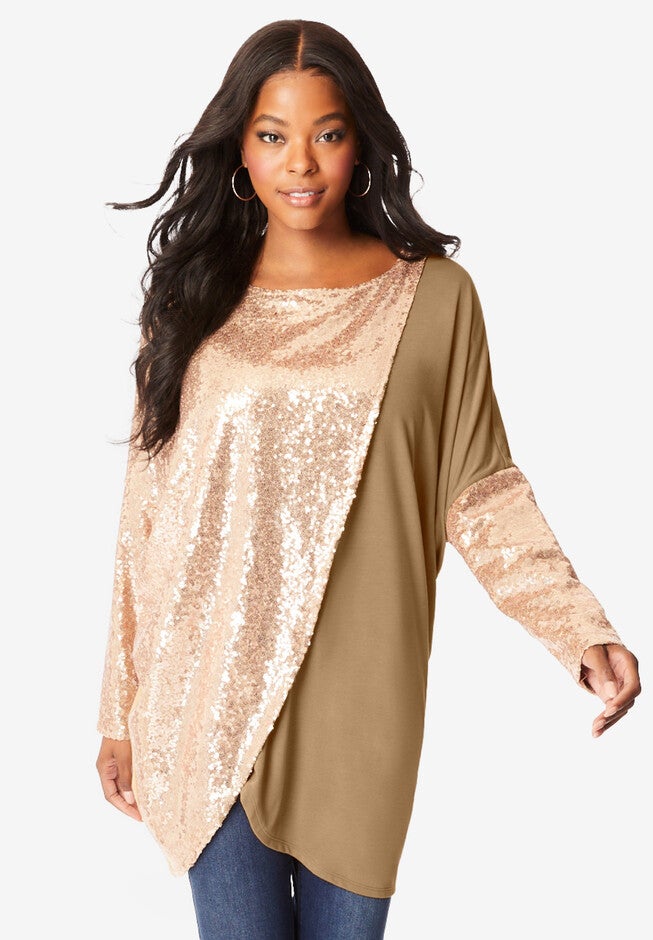 Sequin Paneled Overlay Top, SOFT CAMEL, hi-res image number null