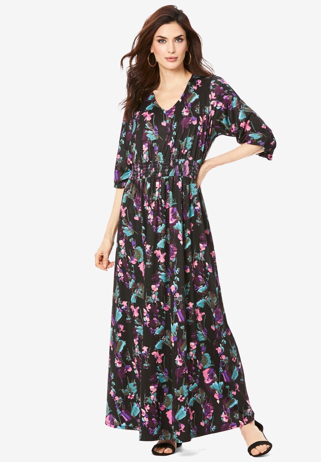 V-Neck Maxi Ultrasmooth® Fabric Dress, BLACK WATERCOLOR VINE, hi-res image number 0