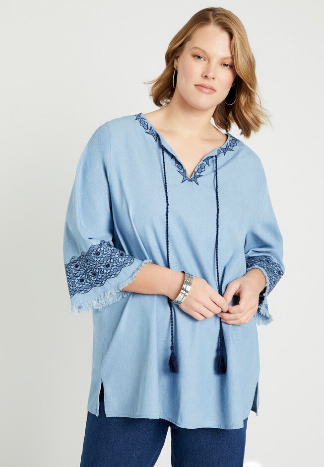 Fringe Denim Blouse, , alternate image number 3