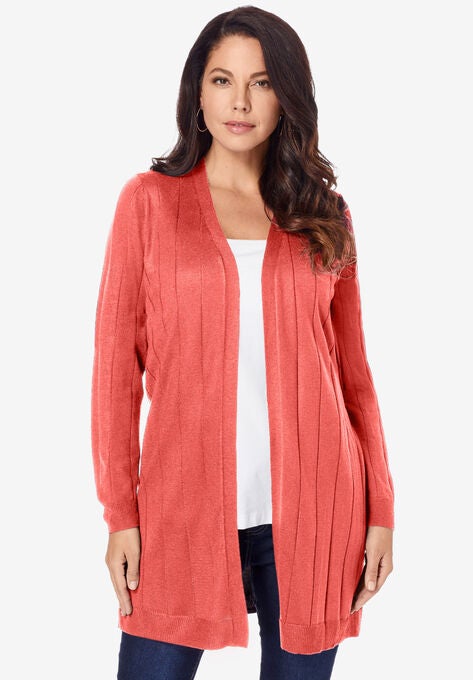Fine Gauge Drop Needle Cardigan, SUNSET CORAL, hi-res image number null
