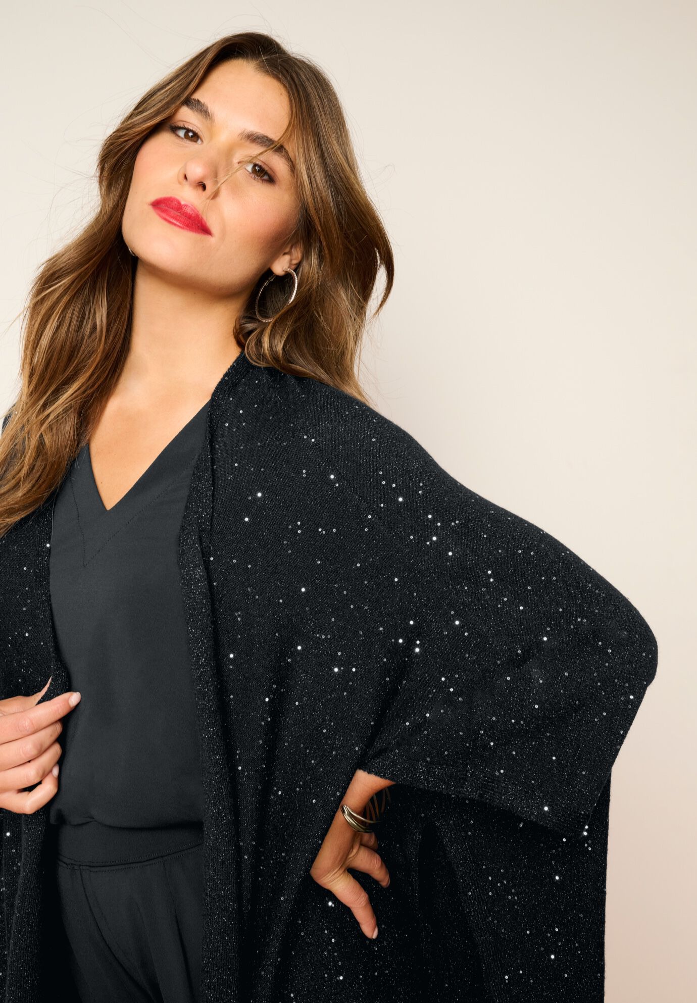 Sequin Poncho, BLACK, alternate image number 2