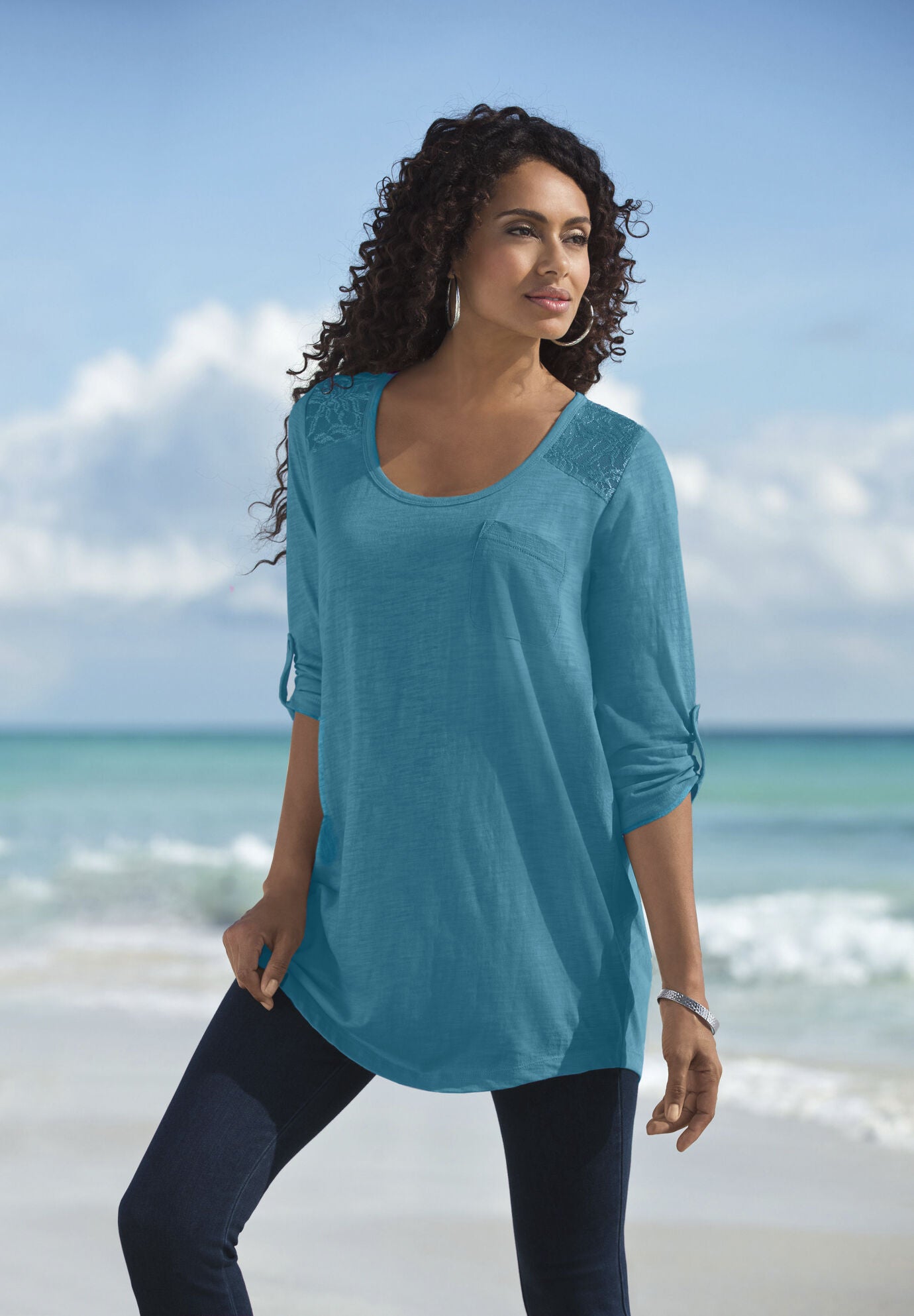 Textured Lace Trimmed Tunic, , alternate image number 3