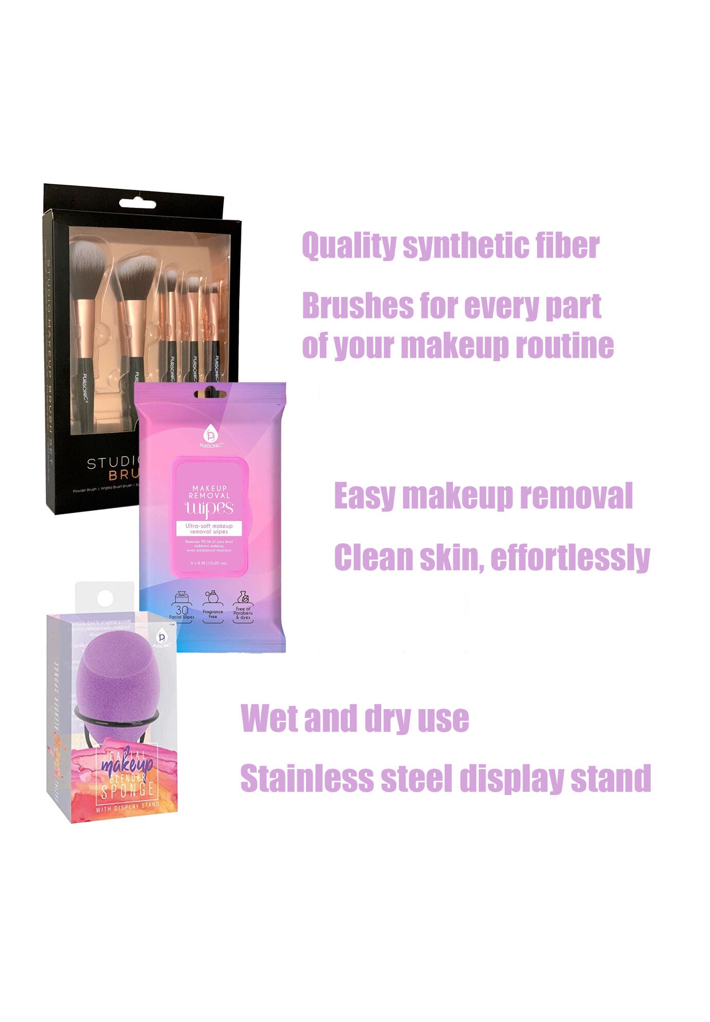 Makeup Essentials Bundle: Brushes, Wipes & Blender Sponge, , on-hover image number 1