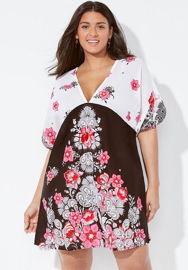 Catiana Pompeii V-Neck Cover Up Tunic, BLACK WHITE PINK FLORAL, hi-res image number null