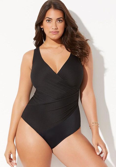 Ribbed Surplice One Piece Swimsuit, BLACK, hi-res image number null