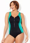 Chlorine Resistant Zip Front One Piece Swimsuit, BLACK PALM LEAF, hi-res image number null